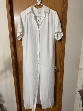 NWT Cozy Co. White Button Front Linen Blend Midi Shirt Dress Small